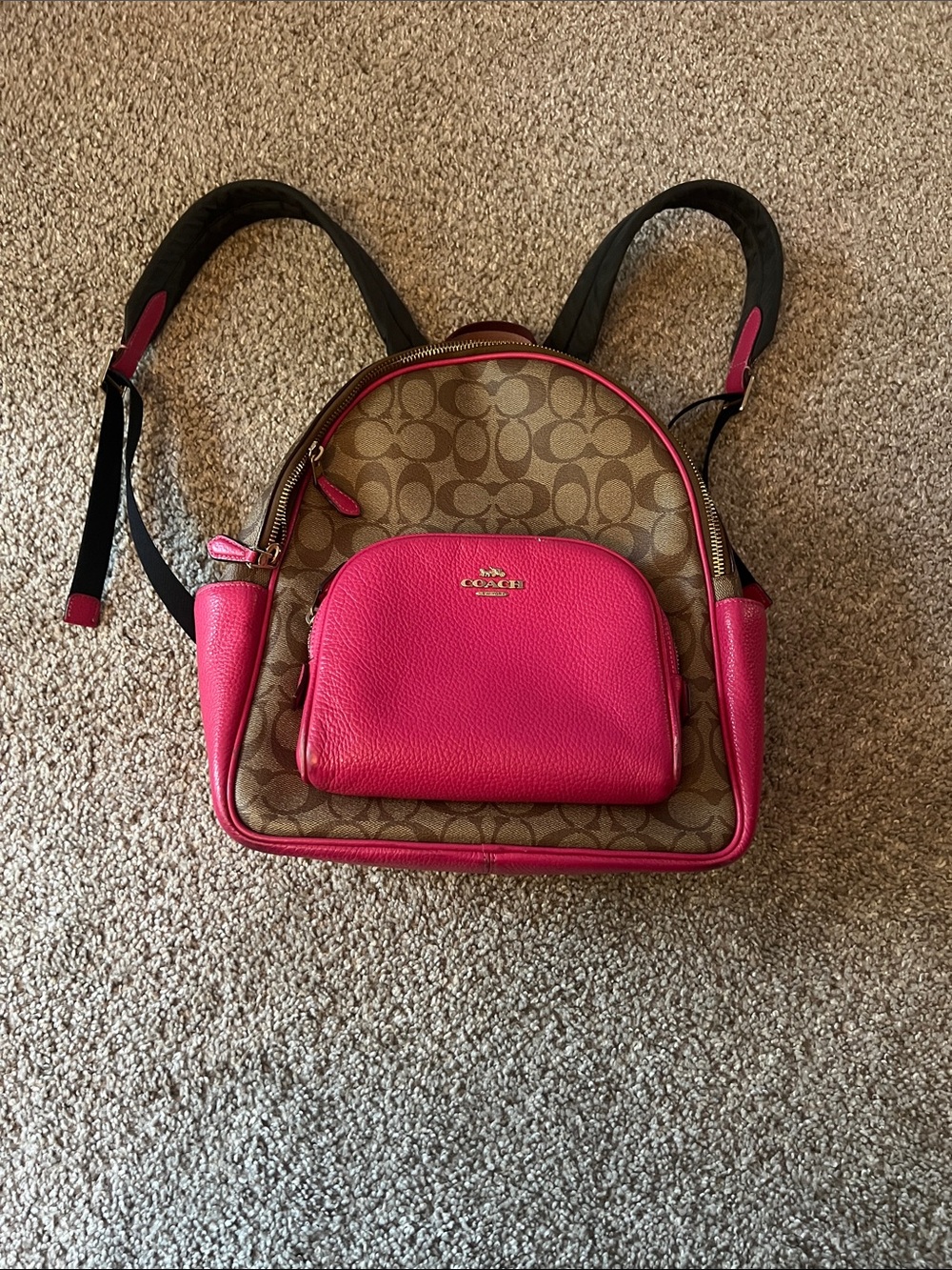 Coach Brown Signature Canvas Mini Backpack with Hot Pink Trim